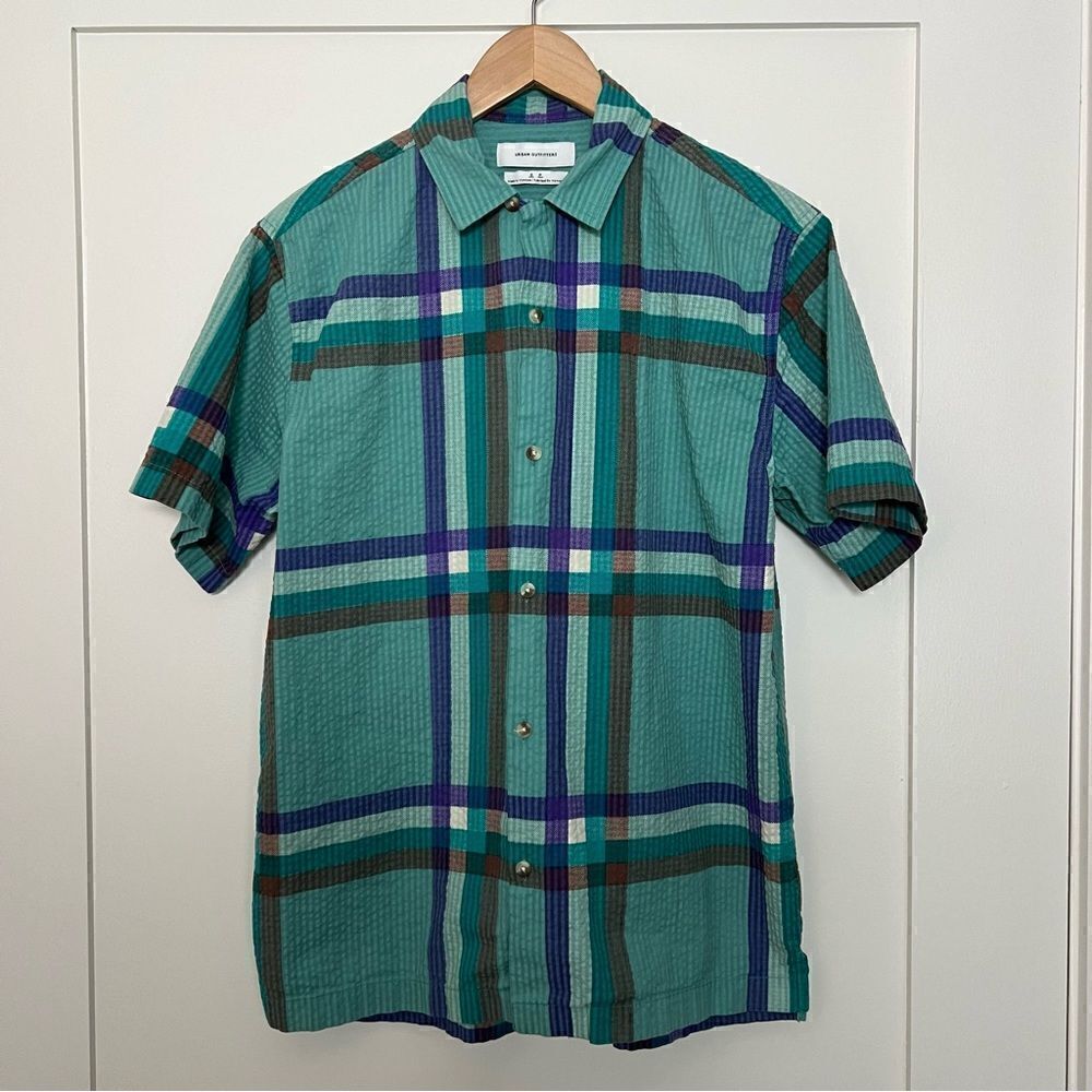 Urban Outfitters Shirt Mens Small Green Plaid Button Up Short Sleeve 100% Cotton